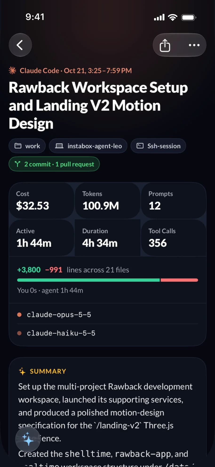 An agent session with its cost, tokens and AI summary