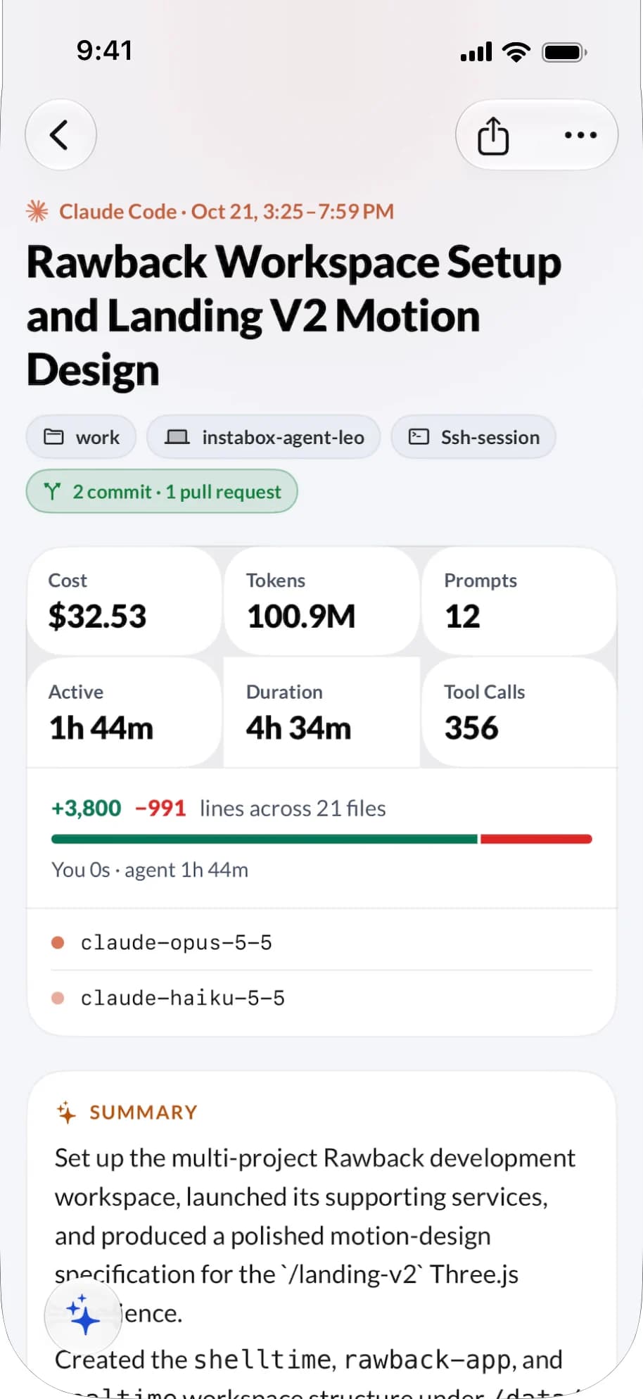 An agent session with its cost, tokens and AI summary
